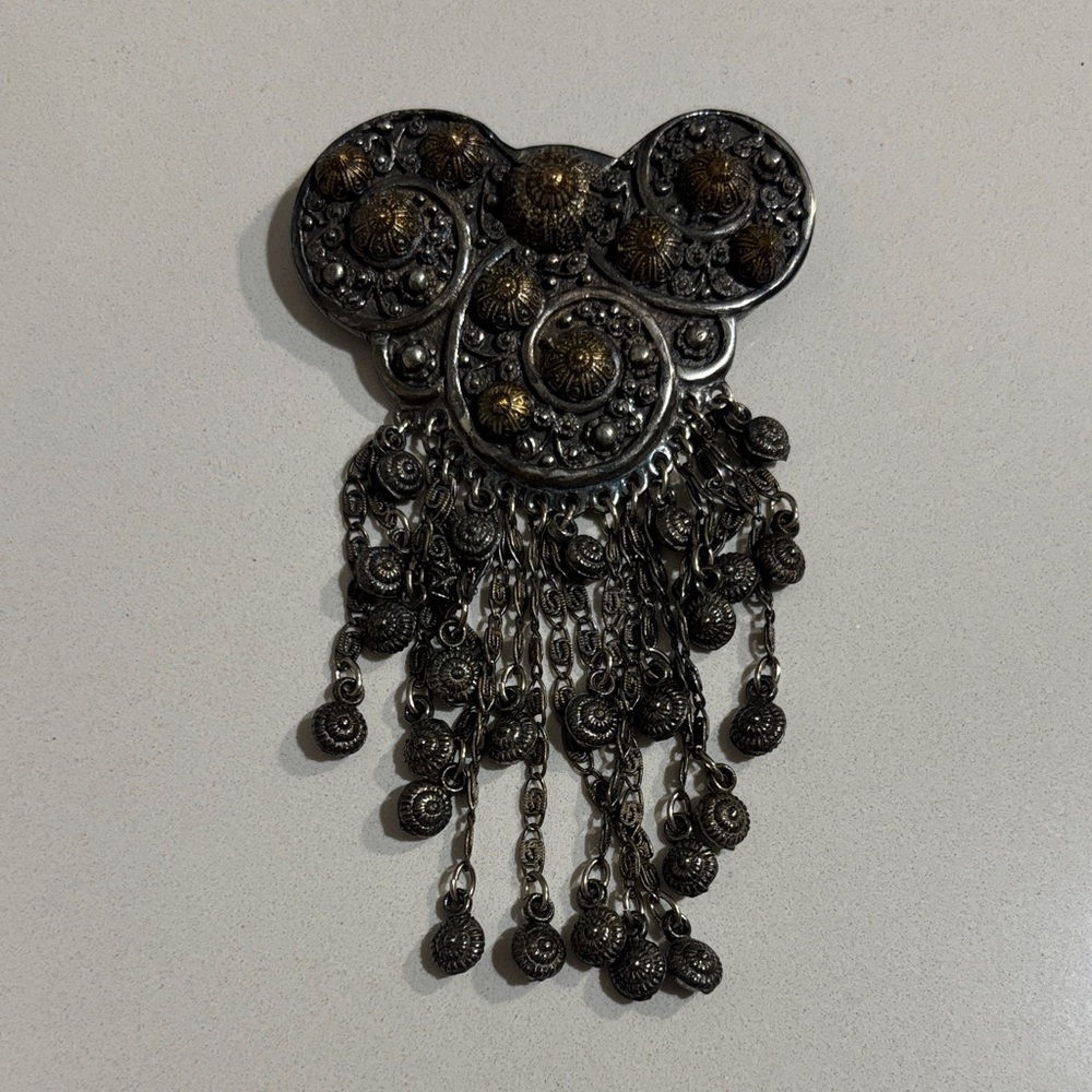 Vintage ETRUSCEANA Silver and Gold Brooch with Chain Dangles 1940s rare